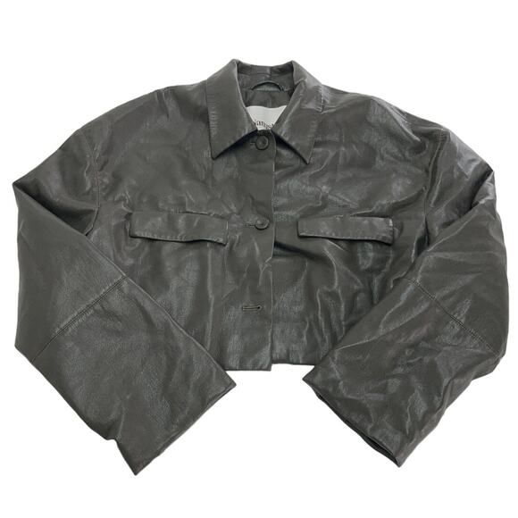 Nanushka Jacket Womens Small Holleen Solid Green Faux Leather Collared - Picture 2 of 13